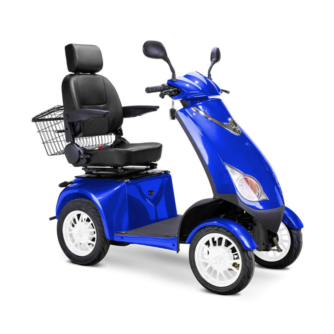 The Bespoke Platinum Recreational 4-Wheel Scooter with Electric Brake Assist features a blue frame, black cushioned seat with backrest and armrests, handlebars, front headlight, and rear metal basket—perfect for tech-savvy scooter enthusiasts.